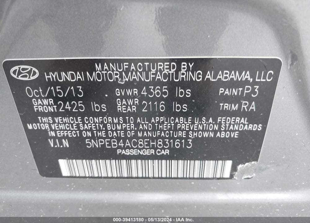 2014 HYUNDAI SONATA GLS VIN: 5NPEB4AC8EH831613