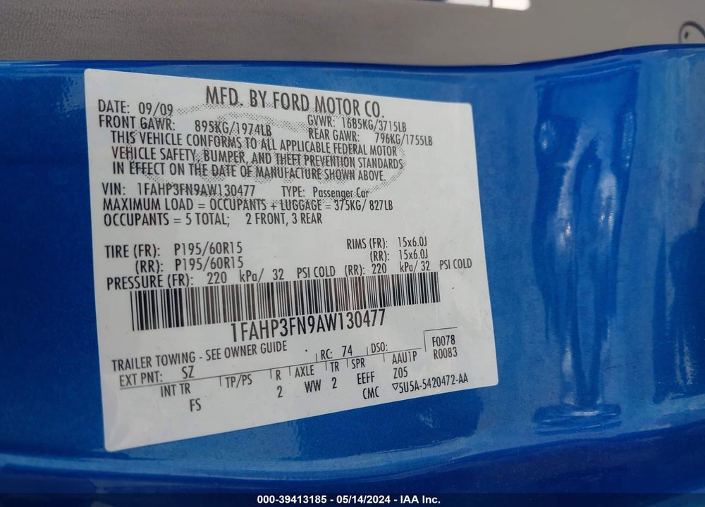 2010 FORD FOCUS SE VIN: 1FAHP3FN9AW130477