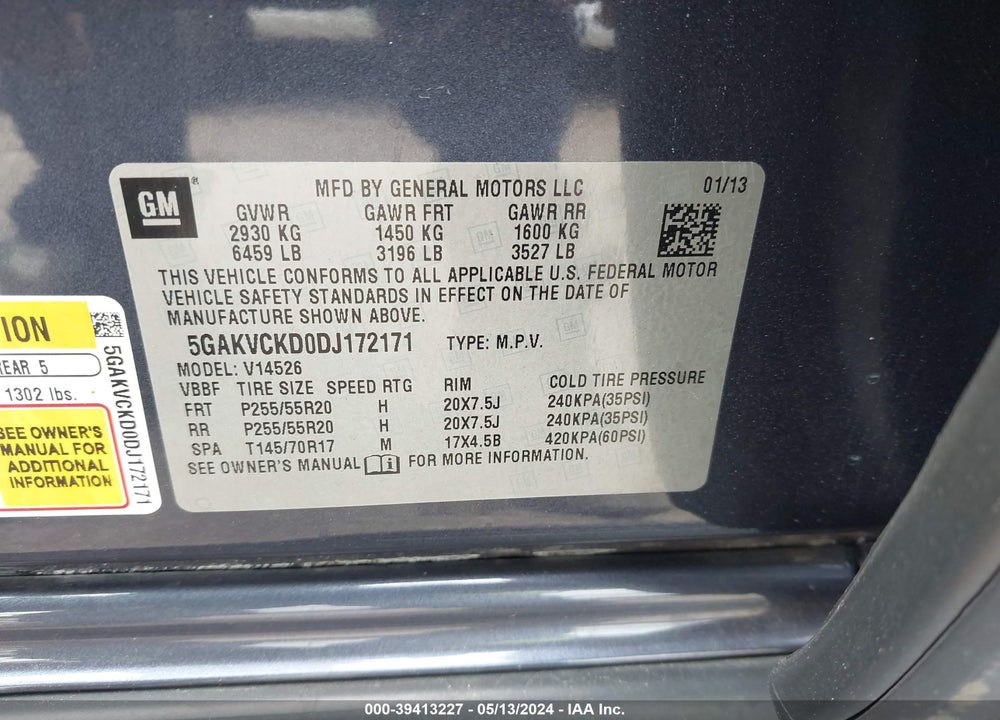 2013 BUICK ENCLAVE LEATHER VIN: 5GAKVCKD0DJ172171