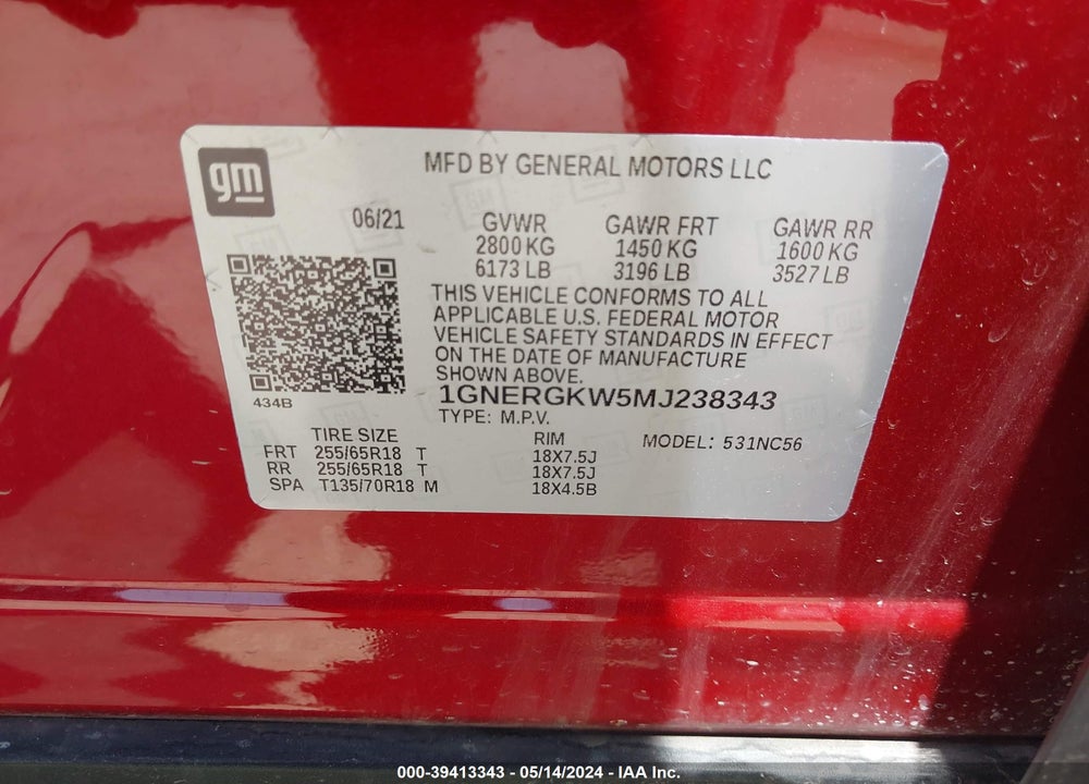 2021 CHEVROLET TRAVERSE FWD LT CLOTH VIN: 1GNERGKW5MJ238343