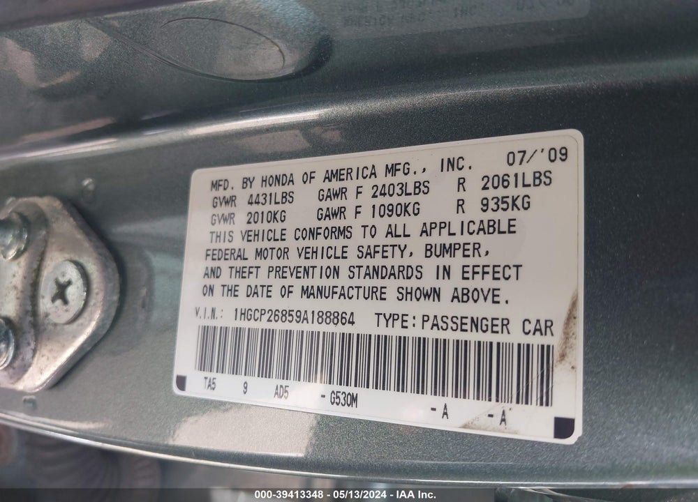 2009 HONDA ACCORD 2.4 EX-L VIN: 1HGCP26859A188864