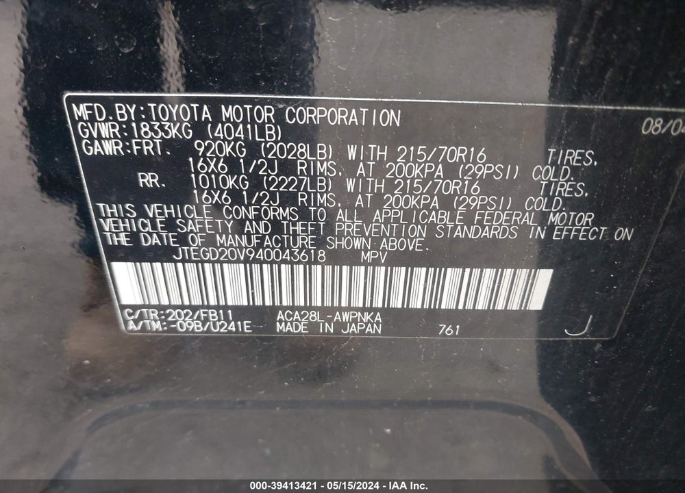 2004 TOYOTA RAV4 VIN: JTEGD20V940043618