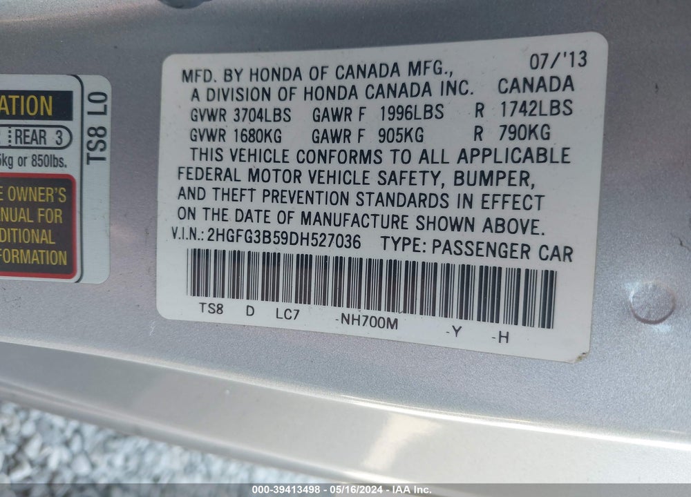 2013 HONDA CIVIC LX VIN: 2HGFG3B59DH527036