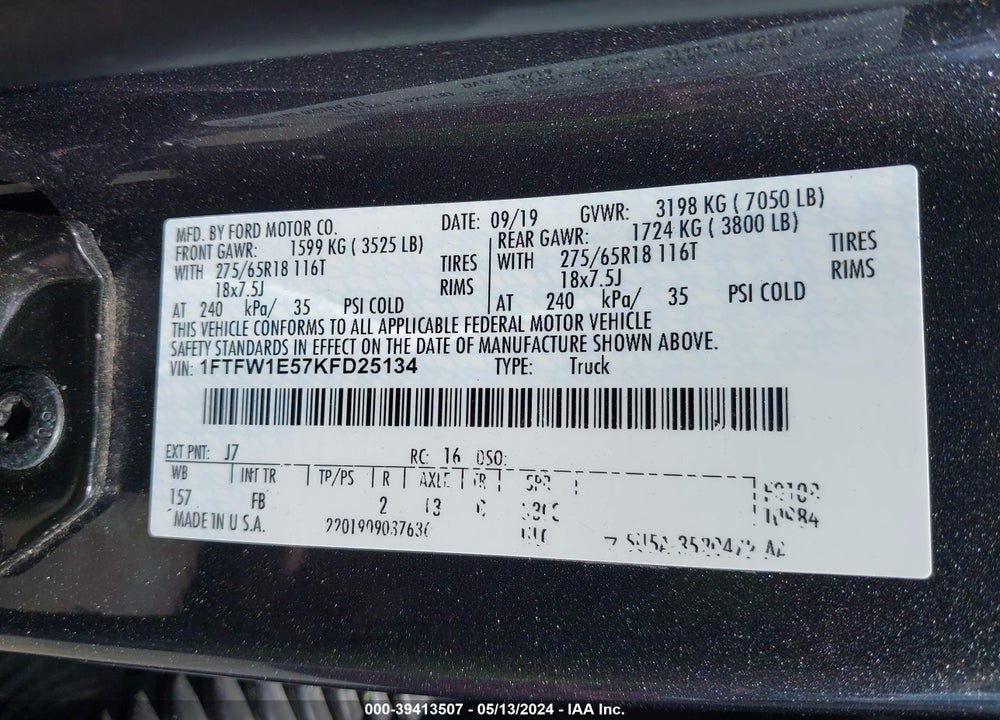2019 FORD F-150 XLT VIN: 1FTFW1E57KFD25134