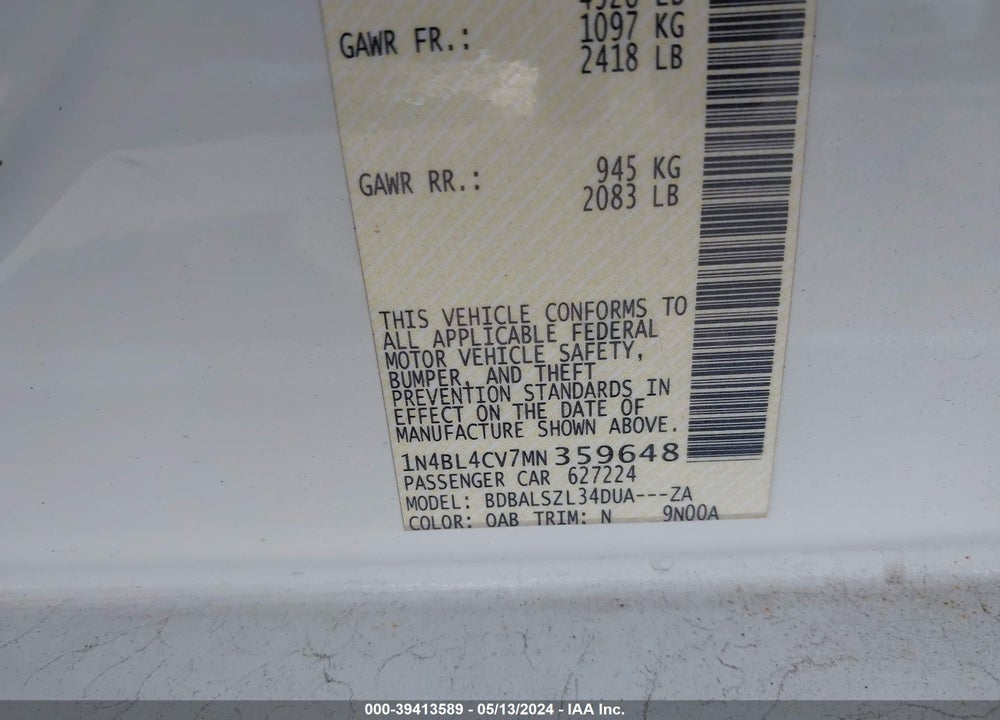 2021 NISSAN ALTIMA SR FWD VIN: 1N4BL4CV7MN359648
