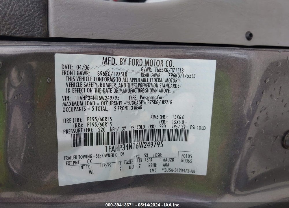 2006 FORD FOCUS ZX4 VIN: 1FAHP34N16W249795