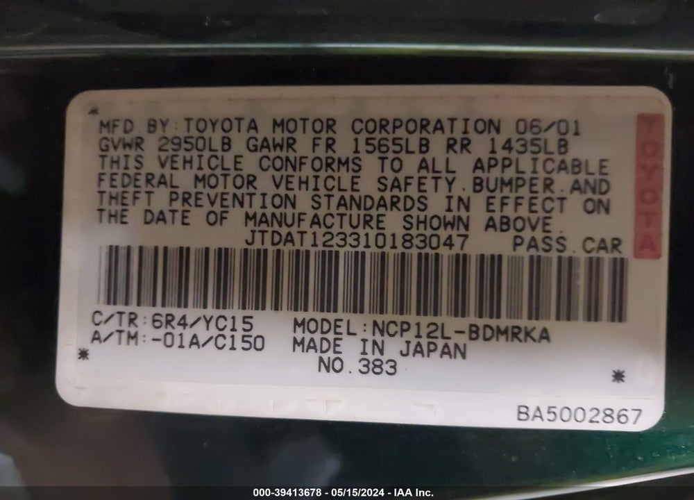 2001 TOYOTA ECHO VIN: JTDAT123310183047