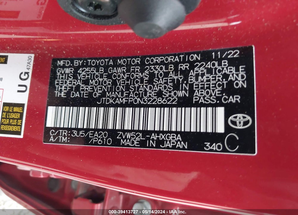 2022 TOYOTA PRIUS PRIME XLE VIN: JTDKAMFP0N3228622