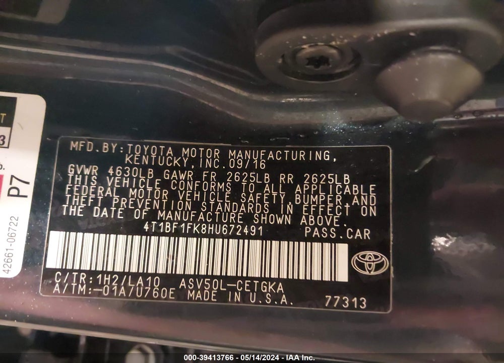 2017 TOYOTA CAMRY XLE VIN: 4T1BF1FK8HU672491