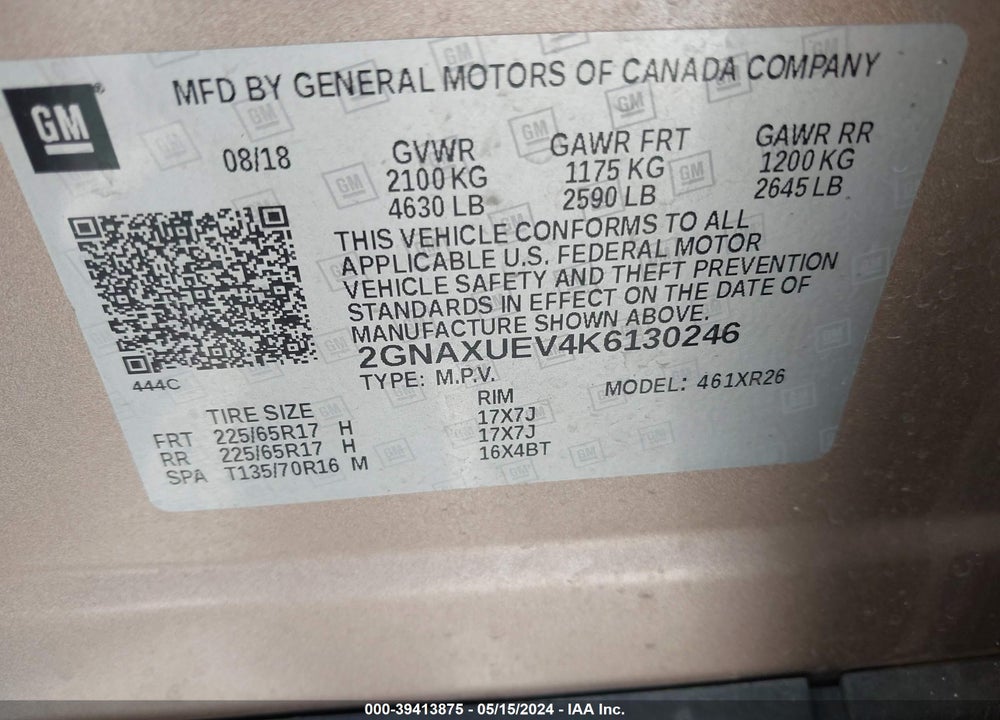 2019 CHEVROLET EQUINOX LT VIN: 2GNAXUEV4K6130246