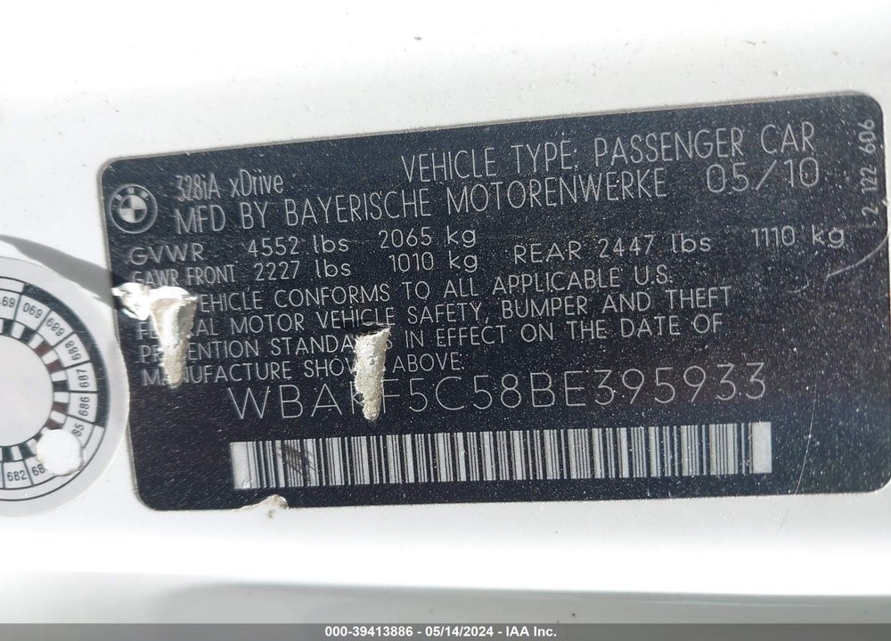 2011 BMW 328I XDRIVE VIN: WBAKF5C58BE395933