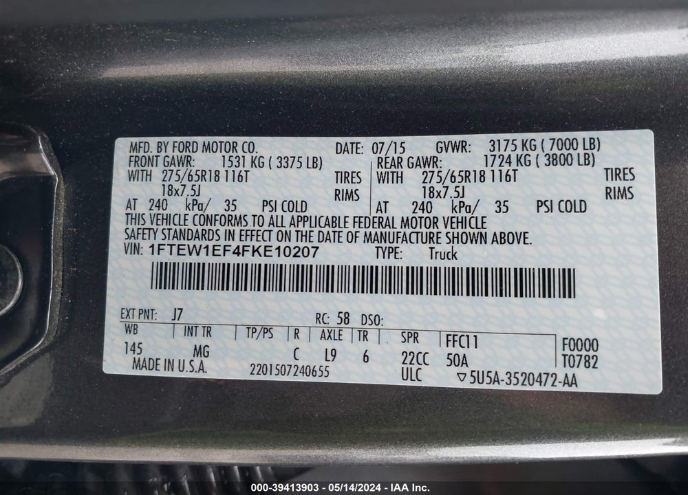 2015 FORD F-150 XLT VIN: 1FTEW1EF4FKE10207