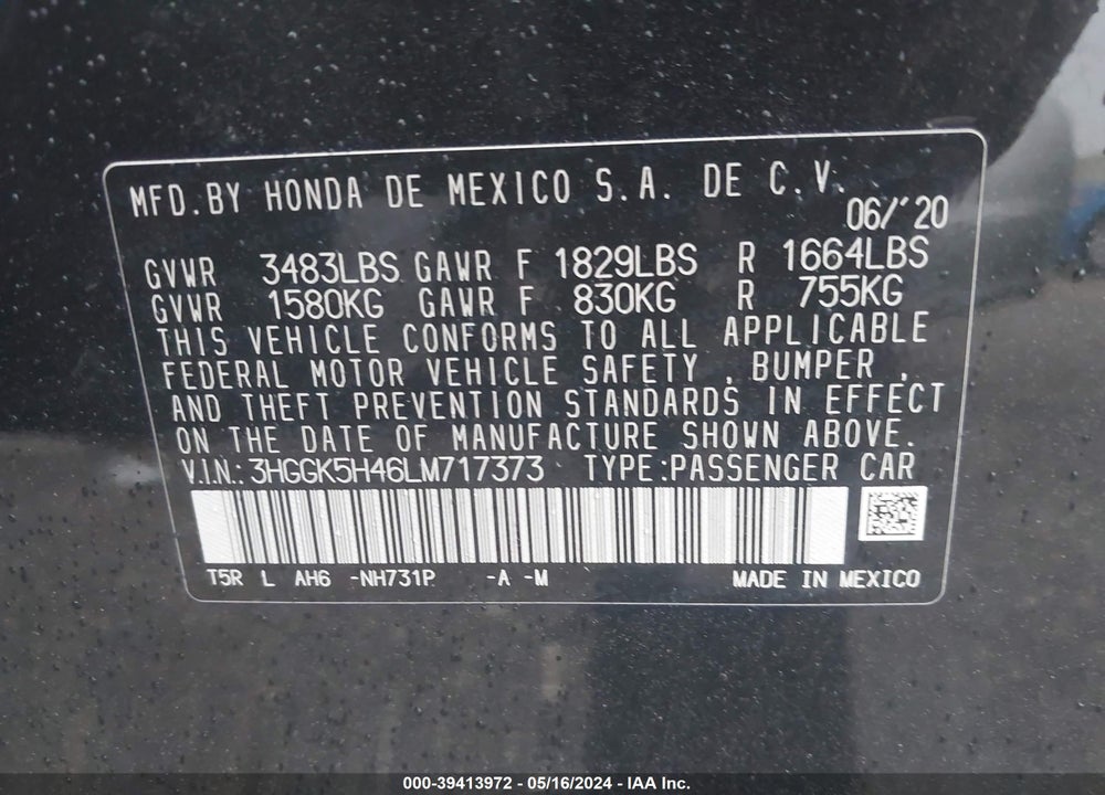 2020 HONDA FIT LX VIN: 3HGGK5H46LM717373