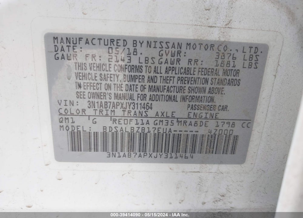 2018 NISSAN SENTRA S VIN: 3N1AB7APXJY311464