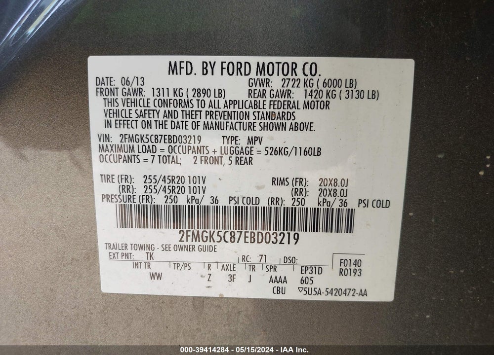 2014 FORD FLEX SEL VIN: 2FMGK5C87EBD03219