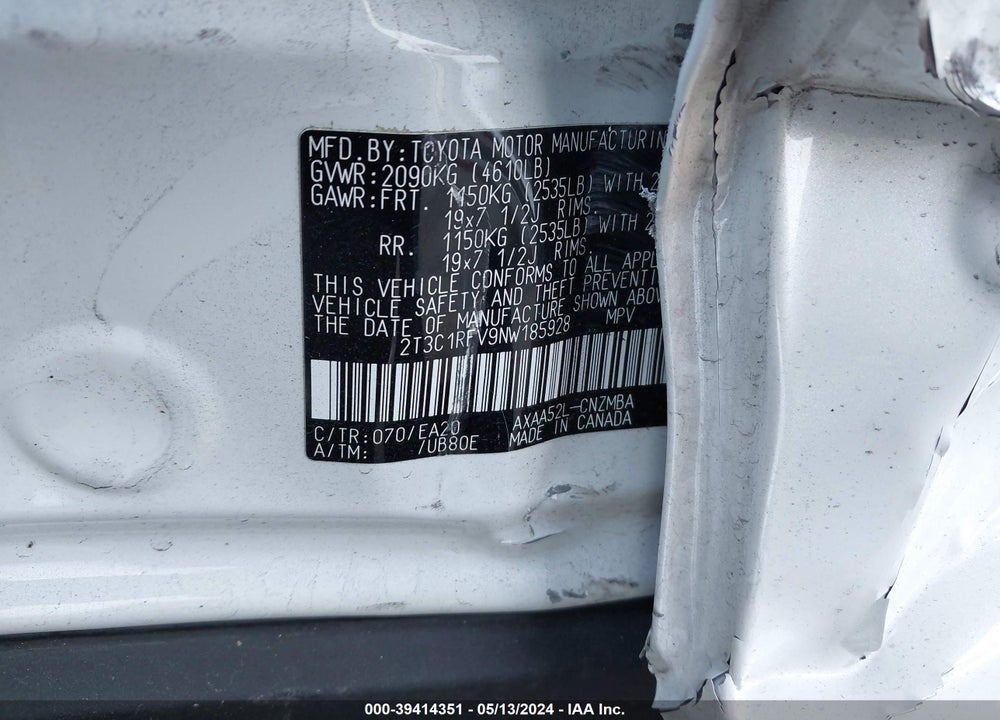 2022 TOYOTA RAV4 XLE PREMIUM VIN: 2T3C1RFV9NW185928