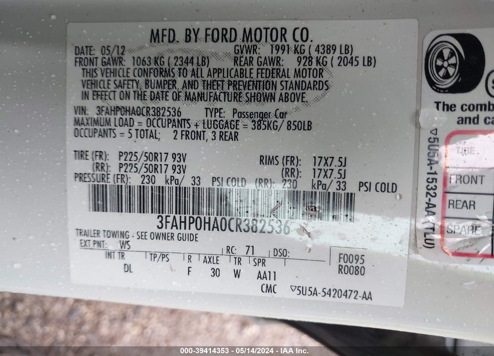 2012 FORD FUSION SE VIN: 3FAHP0HA0CR382536