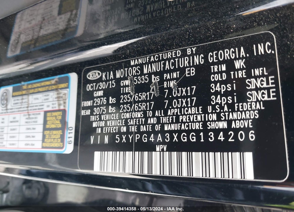 2016 KIA SORENTO VIN: 5XYPG4A3XGG134206