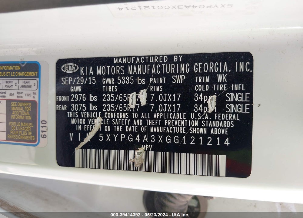 2016 KIA SORENTO VIN: 5XYPG4A3XGG121214