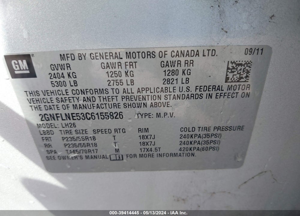 2012 CHEVROLET EQUINOX 2LT VIN: 2GNFLNE53C6155826