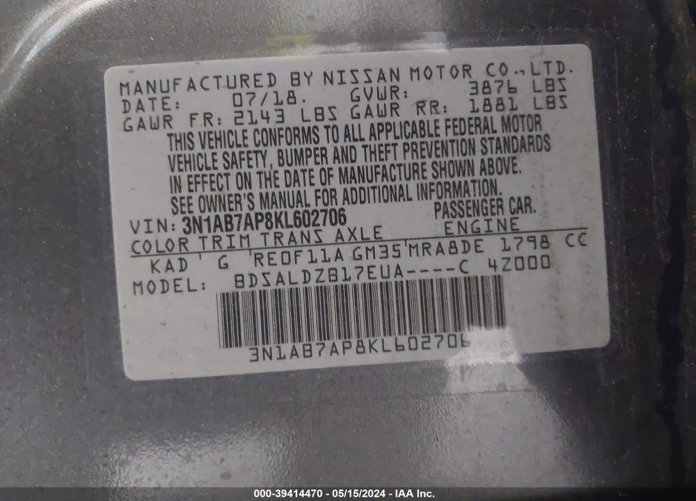 2019 NISSAN SENTRA SV VIN: 3N1AB7AP8KL602706