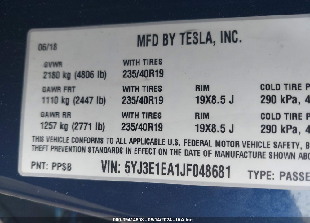 2018 TESLA MODEL 3 LONG RANGE/MID RANGE VIN: 5YJ3E1EA1JF048681
