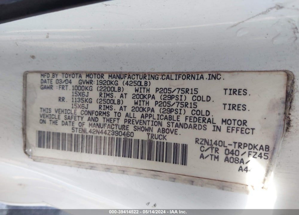 2004 TOYOTA TACOMA VIN: 5TENL42N44Z390460