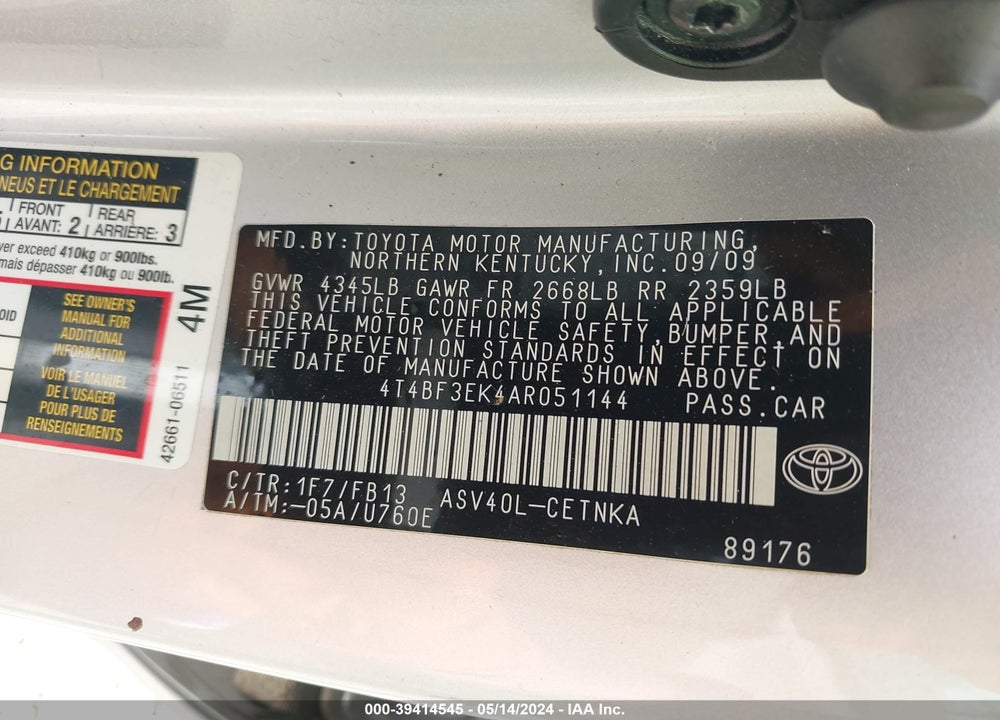 2010 TOYOTA CAMRY LE VIN: 4T4BF3EK4AR051144
