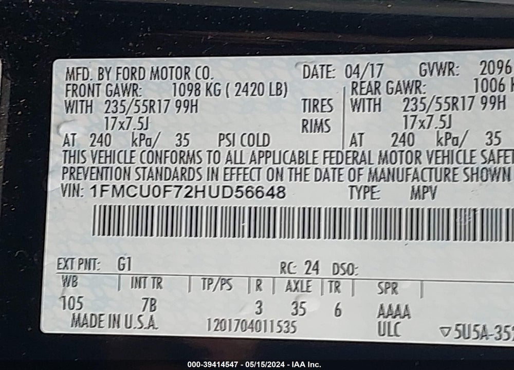 2017 FORD ESCAPE S VIN: 1FMCU0F72HUD56648