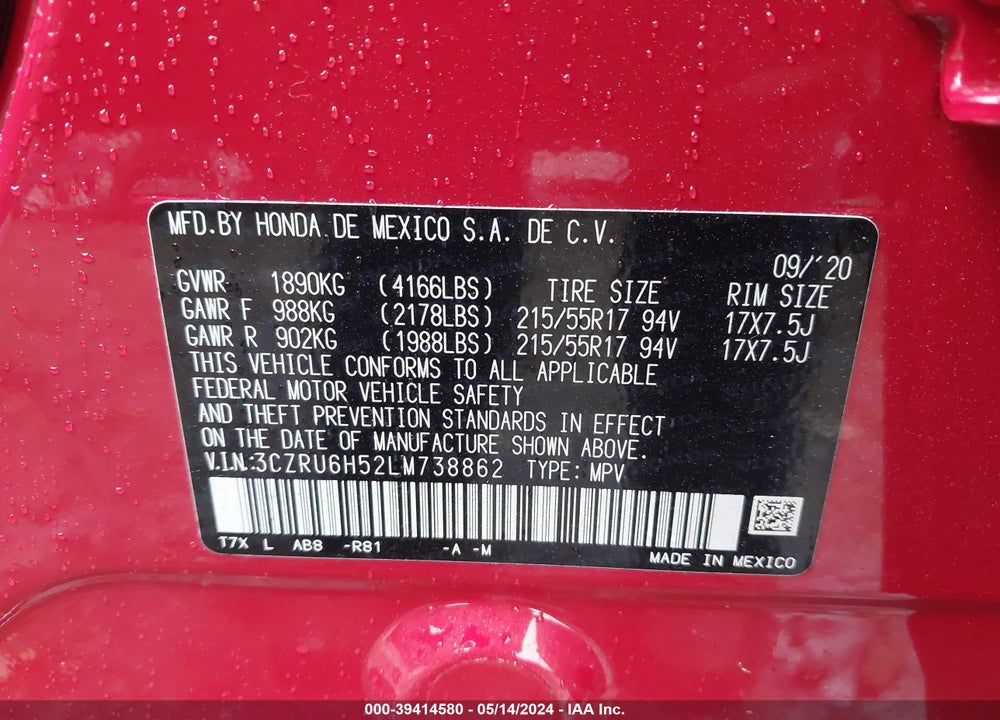 2020 HONDA HR-V AWD EX VIN: 3CZRU6H52LM738862