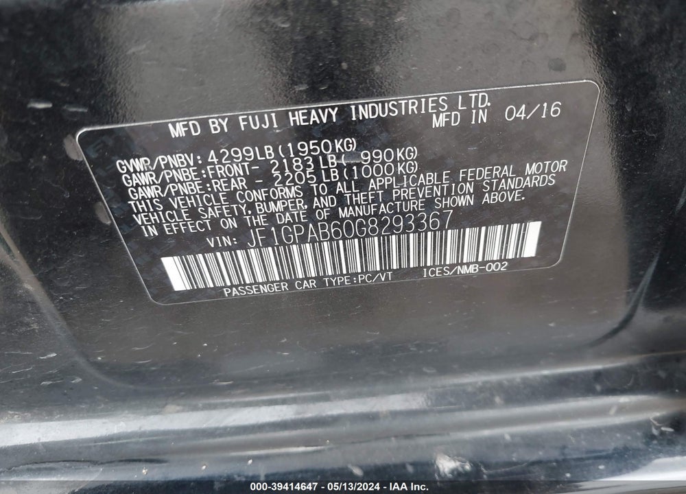 2016 SUBARU IMPREZA 2.0I PREMIUM VIN: JF1GPAB60G8293367