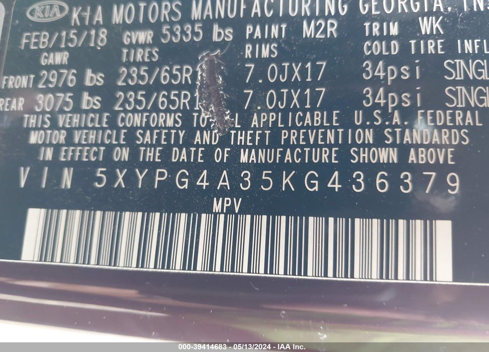 2019 KIA SORENTO 2.4L LX VIN: 5XYPG4A35KG436379