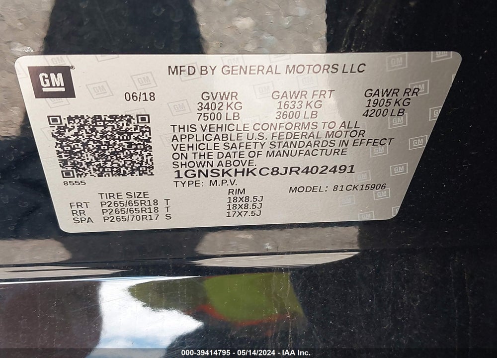 2018 CHEVROLET SUBURBAN LT VIN: 1GNSKHKC8JR402491