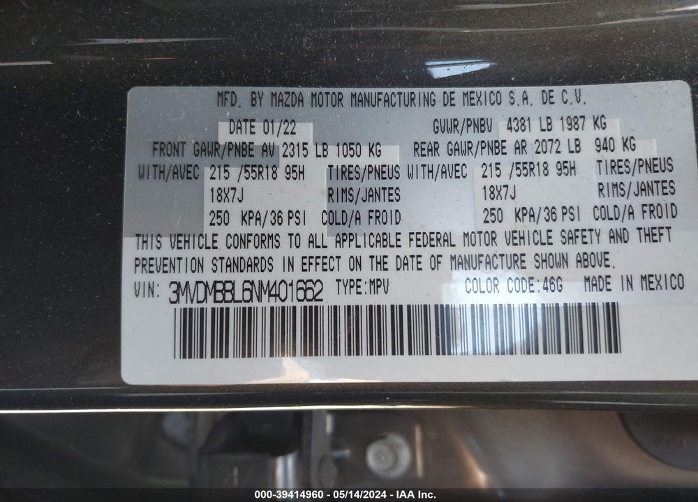 2022 MAZDA CX-30 SELECT VIN: 3MVDMBBL6NM401662