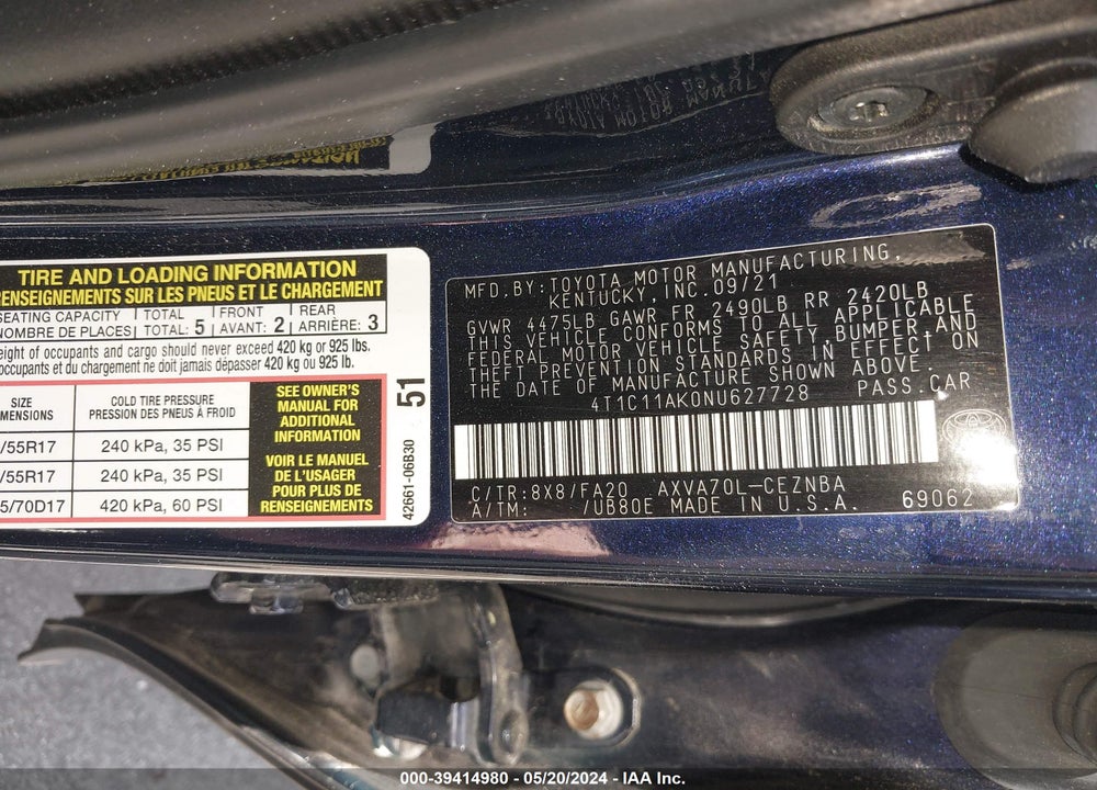 2022 TOYOTA CAMRY LE VIN: 4T1C11AK0NU627728