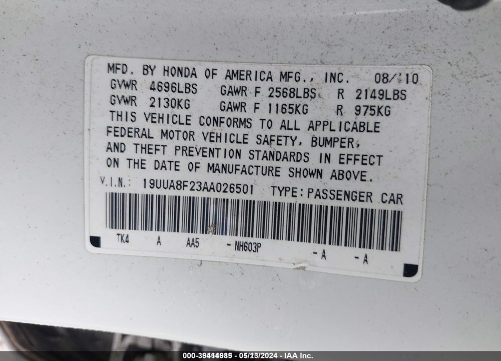 2010 ACURA TL 3.5 VIN: 19UUA8F23AA026501