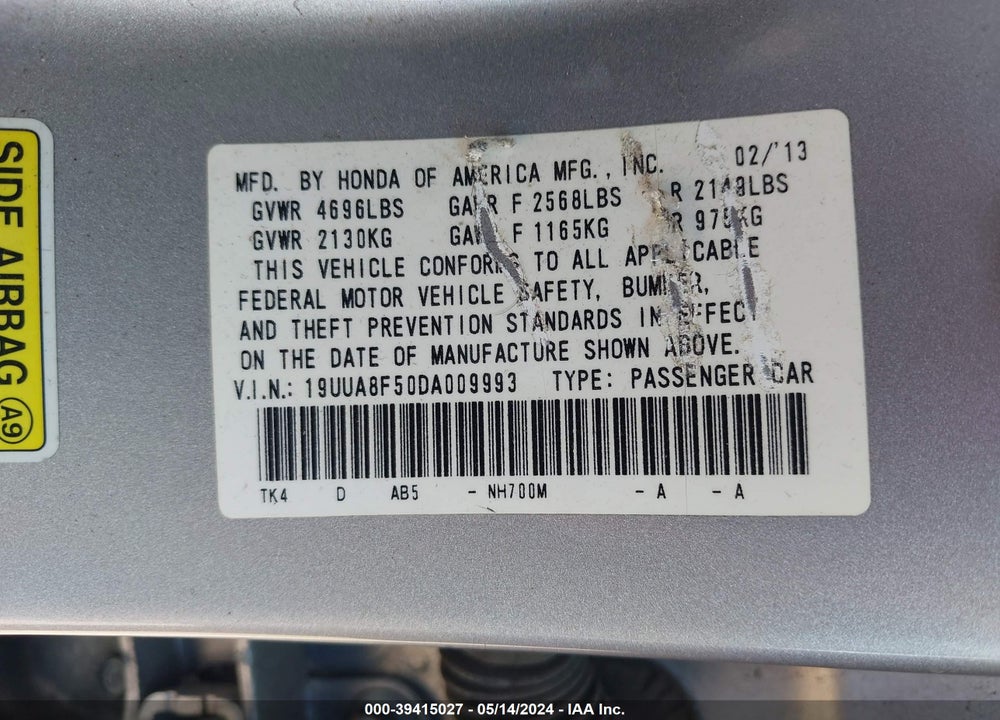 2013 ACURA TL 3.5 VIN: 19UUA8F50DA009993