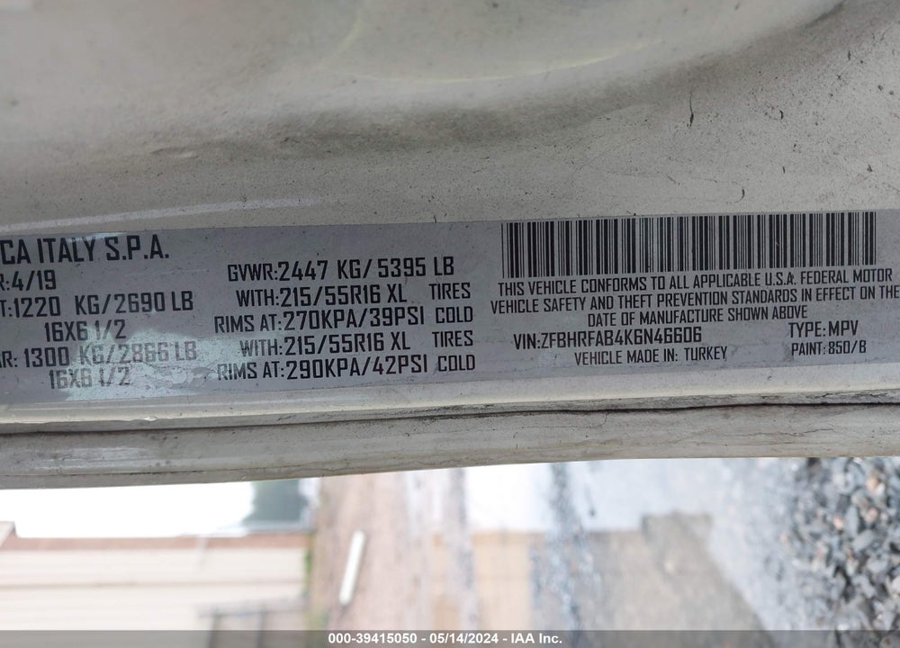 2019 RAM PROMASTER CITY TRADESMAN VIN: ZFBHRFAB4K6N46606