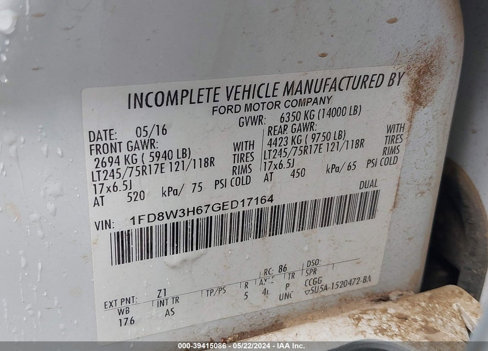 2016 FORD F-350 CHASSIS XL VIN: 1FD8W3H67GED17164