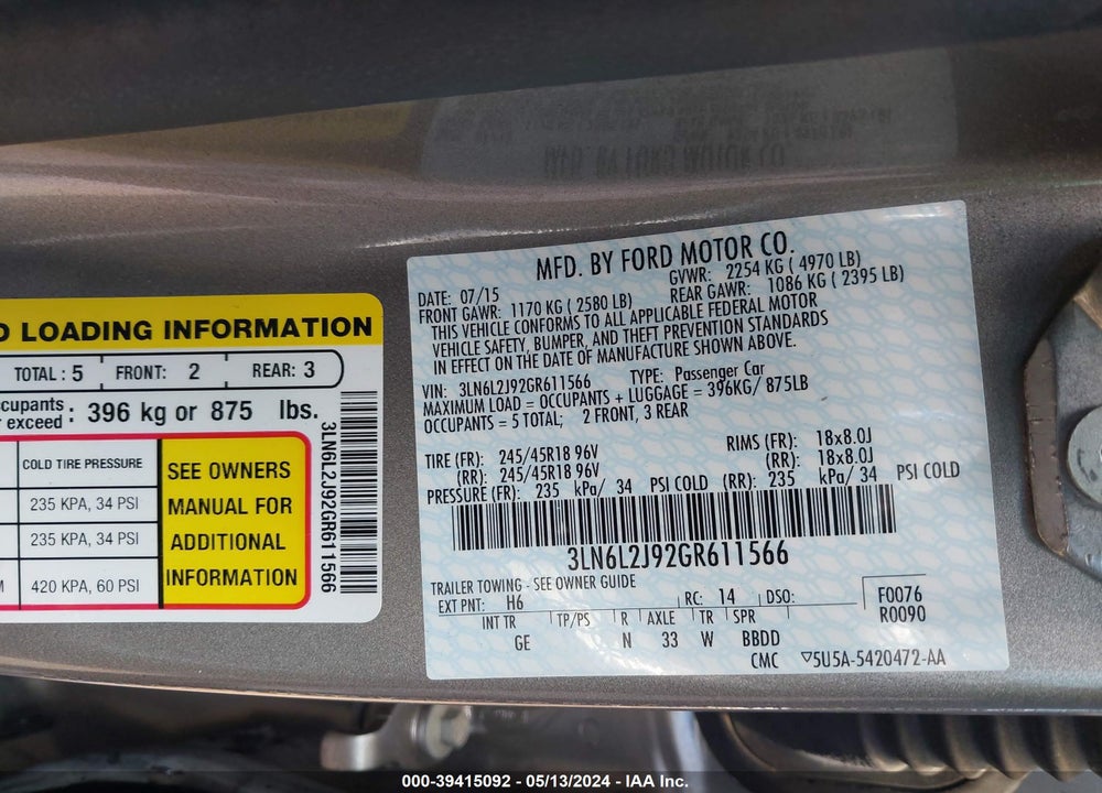 2016 LINCOLN MKZ VIN: 3LN6L2J92GR611566