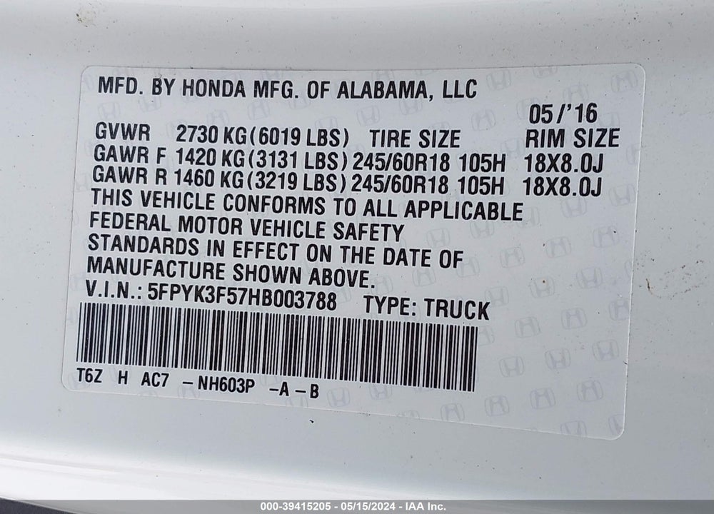 2017 HONDA RIDGELINE VIN: 5FPYK3F57HB003788
