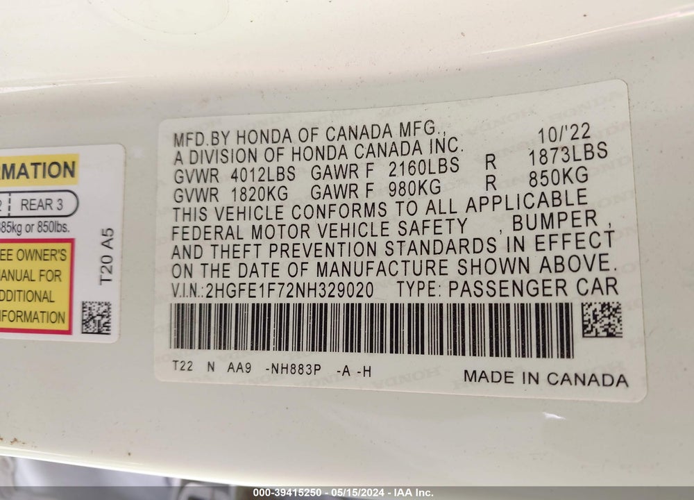 2022 HONDA CIVIC EX VIN: 2HGFE1F72NH329020