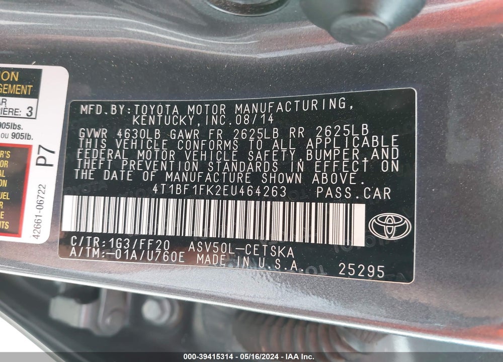 2014 TOYOTA CAMRY SE VIN: 4T1BF1FK2EU464263