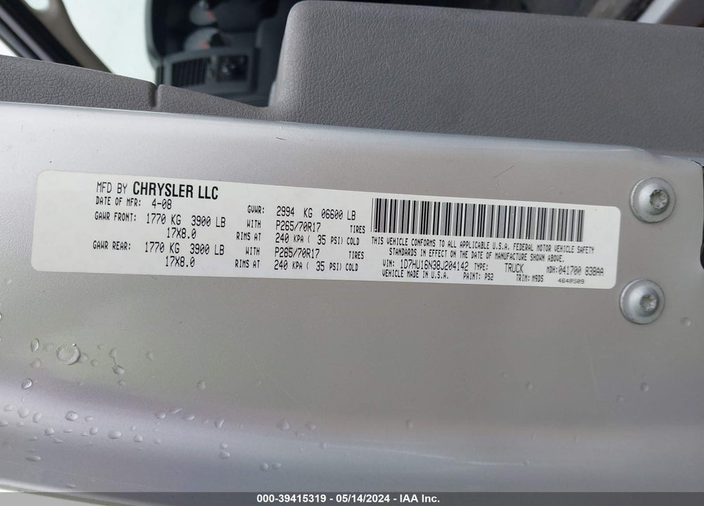 2008 DODGE RAM 1500 SLT VIN: 1D7HU16N38J204142
