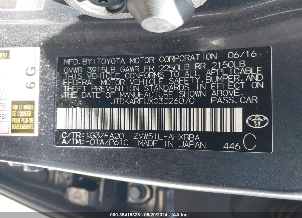 2016 TOYOTA PRIUS TWO ECO VIN: JTDKARFUXG3026070