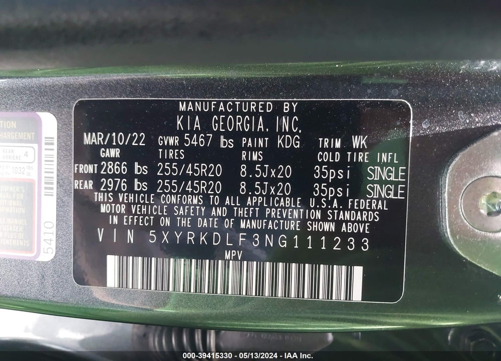 2022 KIA SORENTO X-LINE SX PRESTIGE VIN: 5XYRKDLF3NG111233