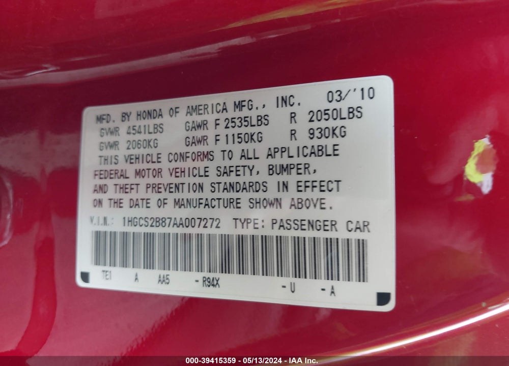 2010 HONDA ACCORD 3.5 EX-L VIN: 1HGCS2B87AA007272