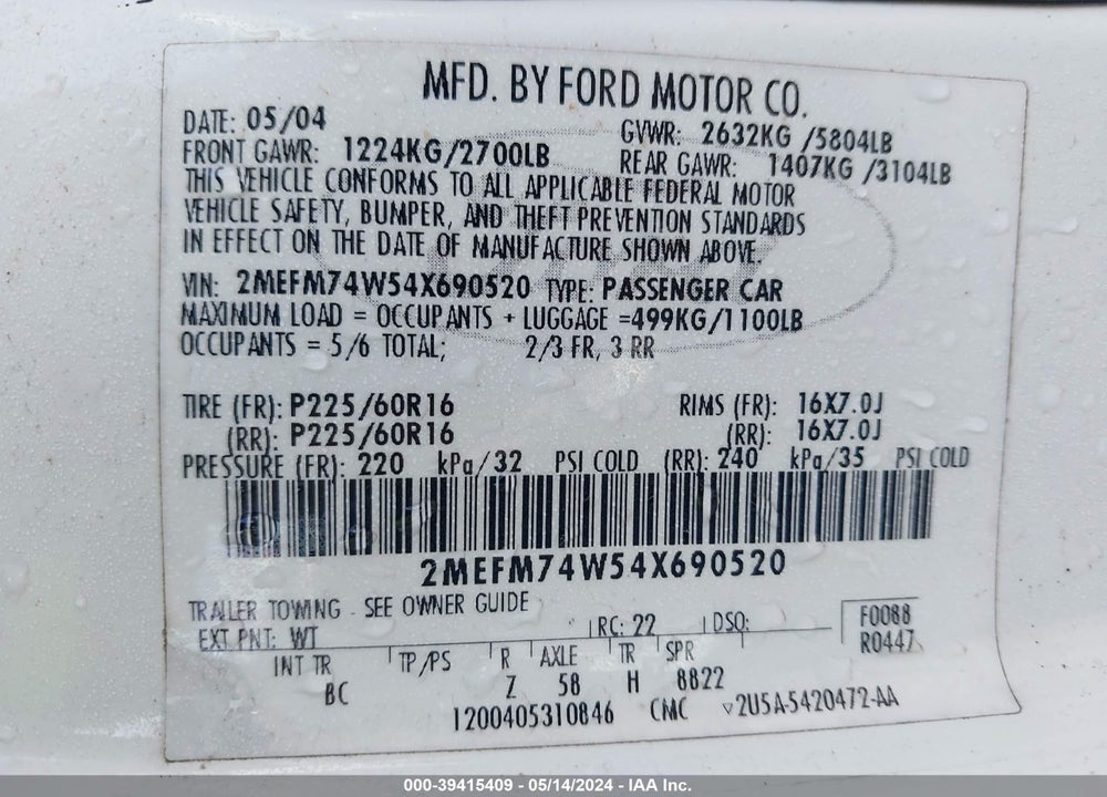 2004 MERCURY GRAND MARQUIS GS VIN: 2MEFM74W54X690520