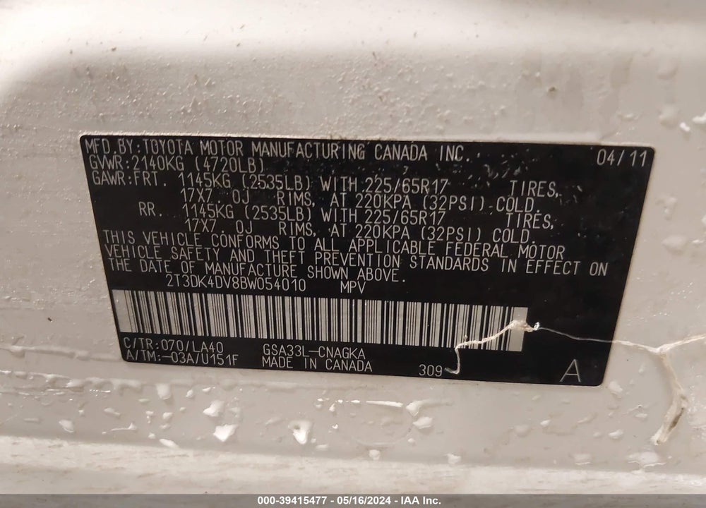 2011 TOYOTA RAV4 LIMITED V6 VIN: 2T3DK4DV8BW054010