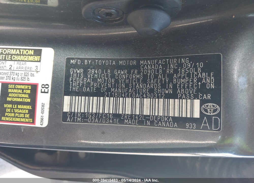2010 TOYOTA COROLLA LE/S/XLE VIN: 2T1BU4EE0AC490312